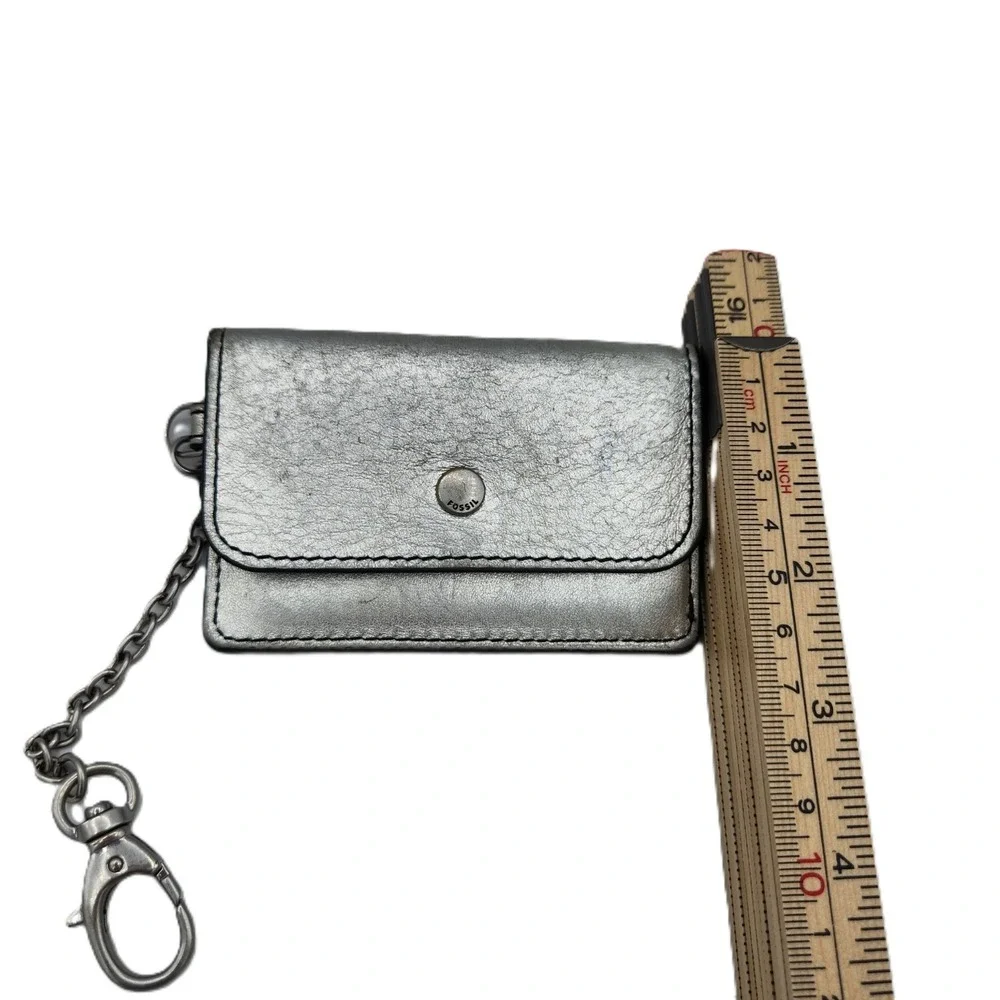 Fossil Valerie Leather‎ Card Case Silver Metallic Keychain Clip
